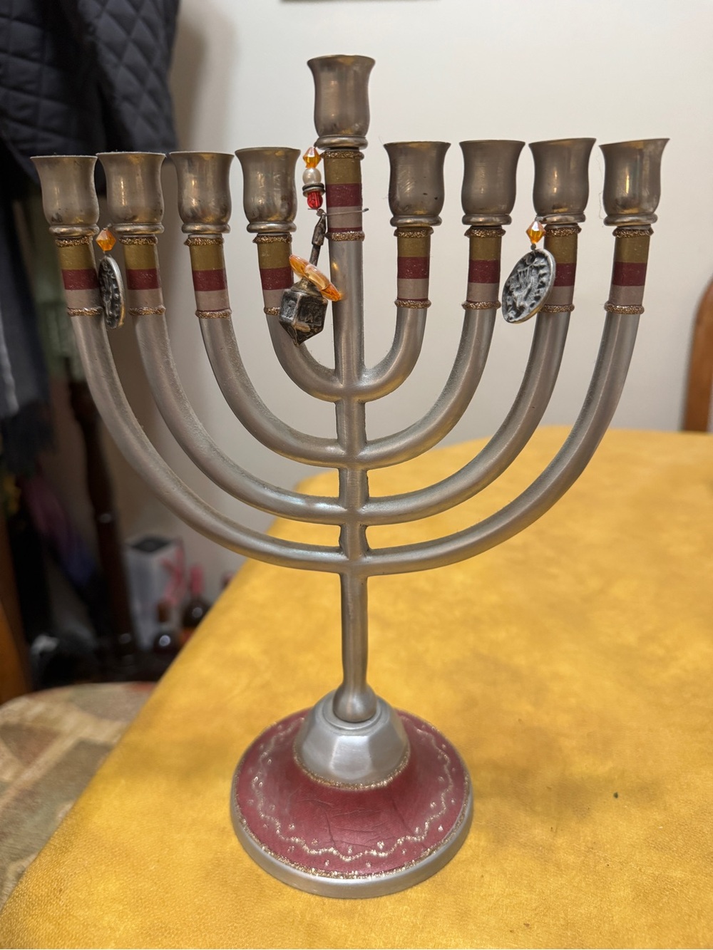 Maroon and Gold Metal Menorah Candle Holder
